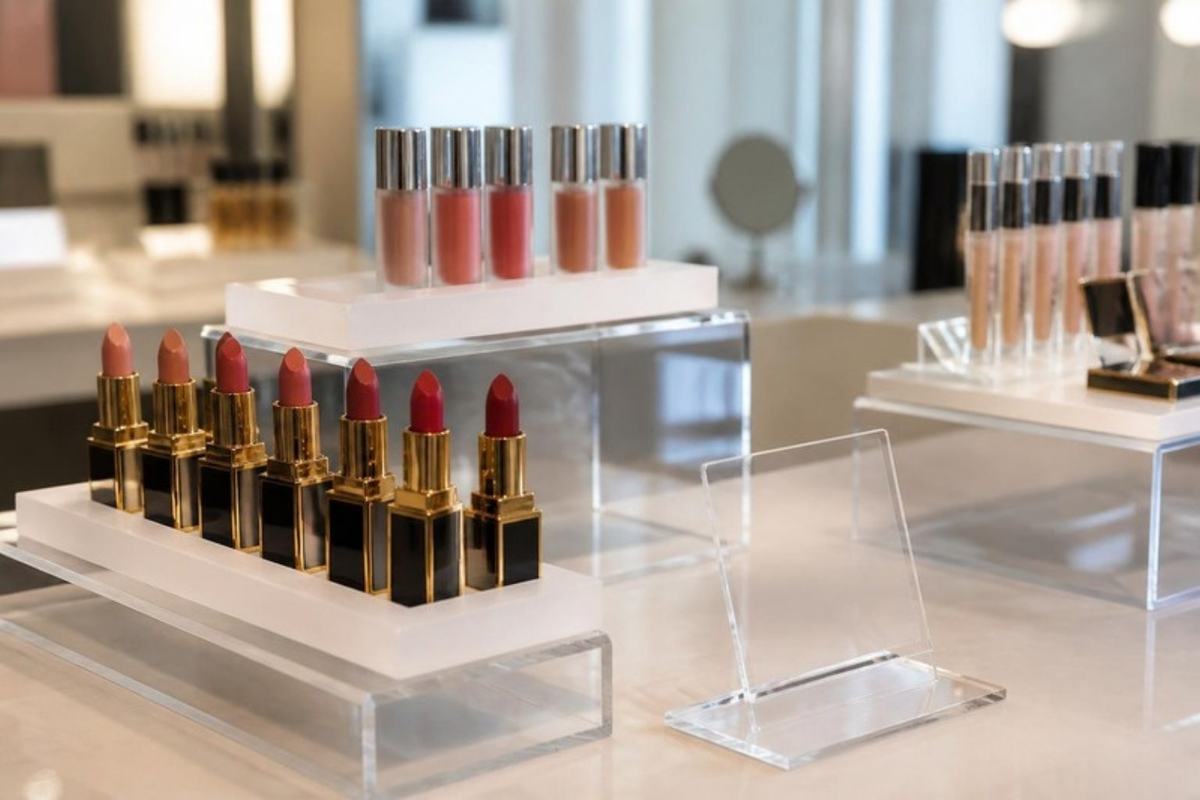 Exhibidores de acrílico en el mostrador de una tienda de cosméticos