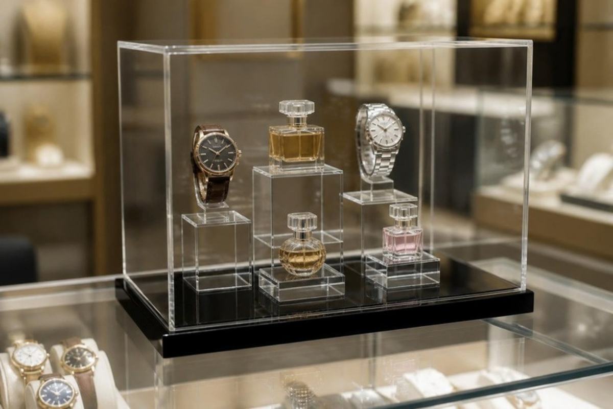 Vitrina y bases de acrílico armadas en el mostrador de una joyería