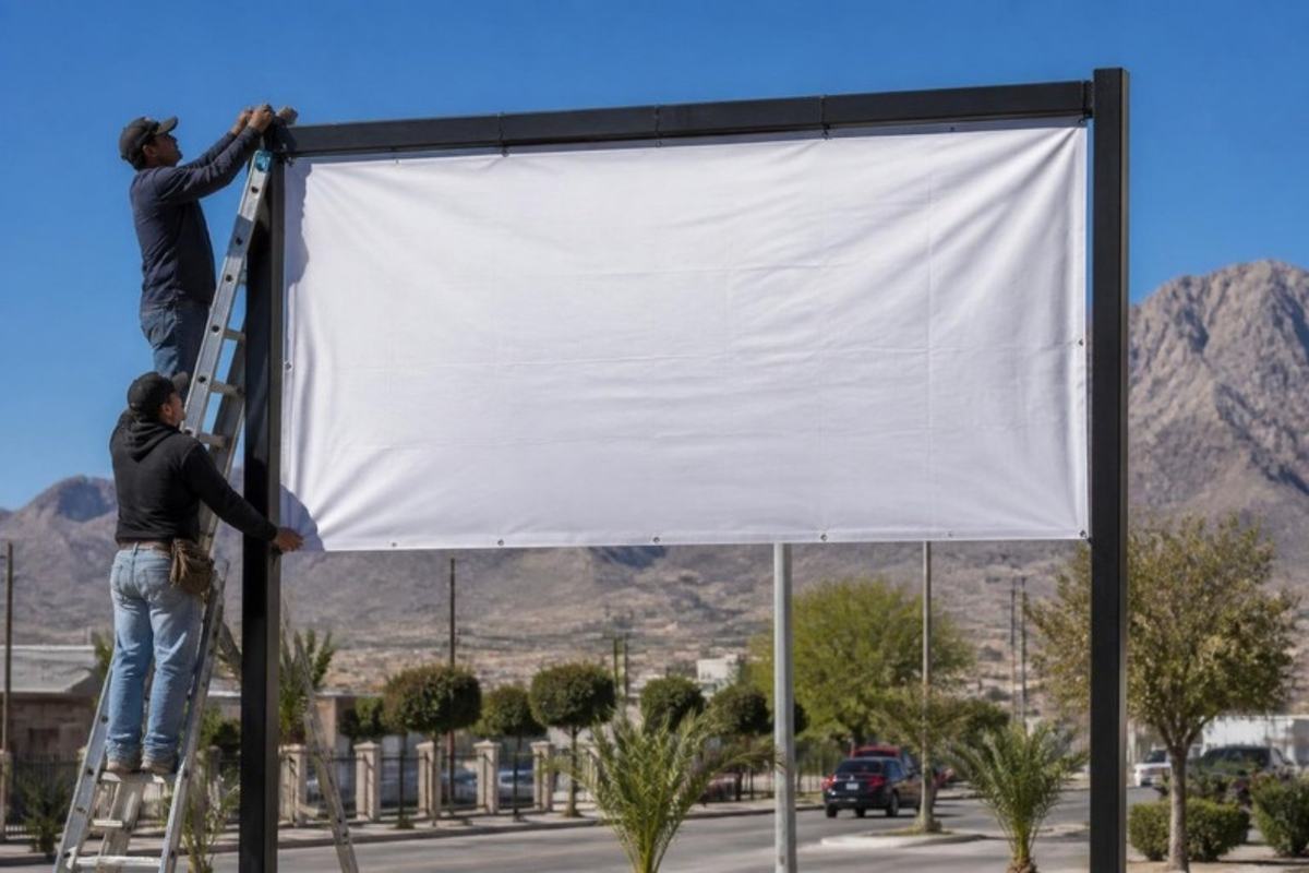 Cuadrilla instalando lona en estructura en Chihuahua