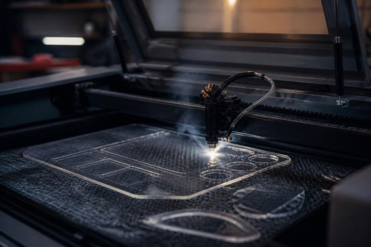 Máquina láser cortando una lámina de acrílico