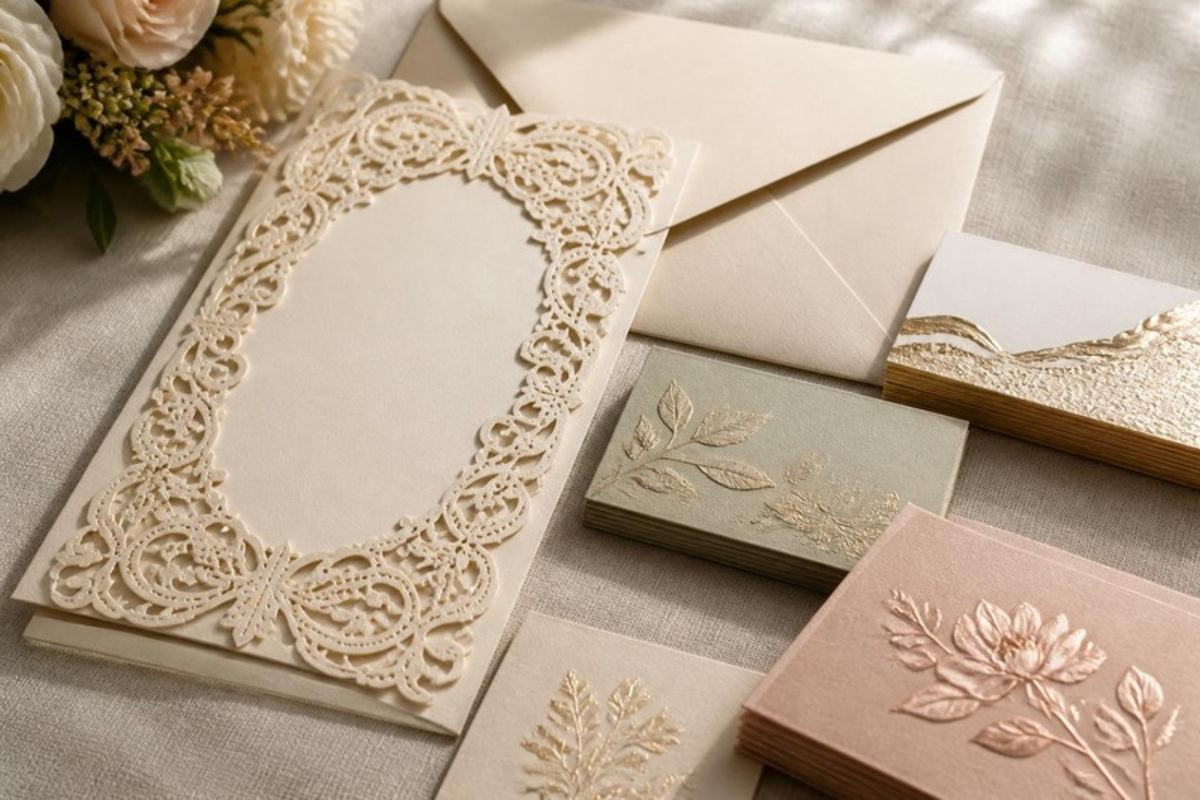 Invitaciones con encaje cortado y tarjetas con dorado y realce