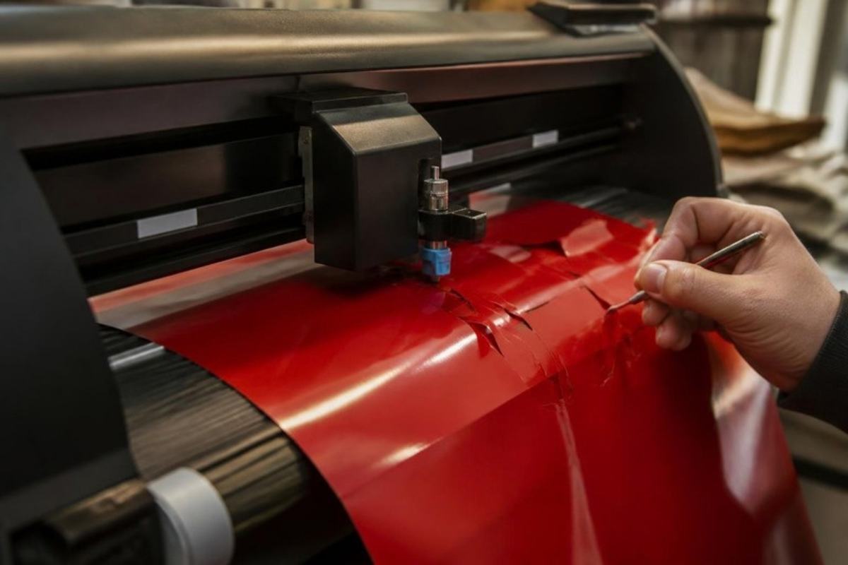 Plotter cortando vinil de color en taller